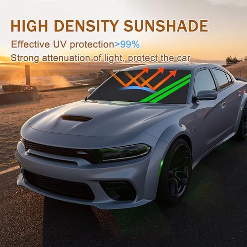 Front Windshield Sun Shade Fit for Dodge Charger Challenger Durango Journey Universal Fit to All Dodge Cars Foldable Sun Visor Protector Custom Fit Dodge Window Sunhade (Black Green) - Image 2