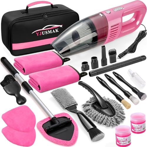 21PCS Car Detailing Kit Interior Cleaner - with Handheld Car Vacuum, Windshield Cleaning Tool, Detailing Brushes, Car Cleaning Supplies Kit for Women Men (Pink) by Unknown