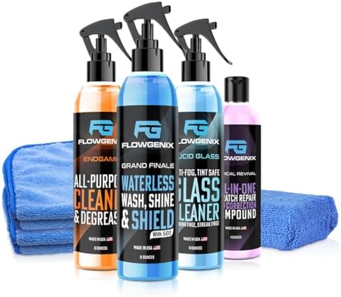 Grand Slam 4-Pack Includes Waterless Car Wash Spray + Instant Car Scratch Remover Repair + Streak Free Window and Glass Cleaner + All Purpose Cleaner for Auto Detailing, 2 Microfiber Towels by Flowgenix