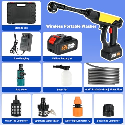 Cordless Portable Washer with 32.8FT Hose, 6-in-1 Nozzle & Foam Pot, Handheld Battery Car Cleaner for Home Outdoor Patio Garden Boat Fence - Image 2