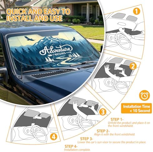 Windshield Sun Shade for Car, 63"x28.5" Stylish Printed Front Window Sunshade with Double Steel Ring Frame, Universal Fit Foldable Heat Blocker & UV Protector, with Storage Pouch (Peak) - Image 5