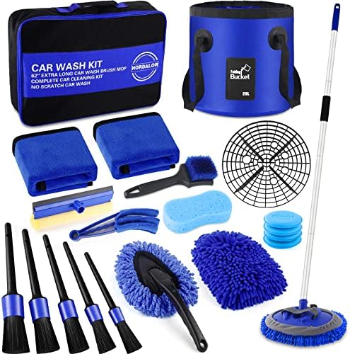 21Pcs Car Wash Kit,62" Car Wash Brush Mop with Long Handle,Car Cleaning Kit,Car Detailing Brush Set,Car Wash Bucket with Filter,Windshield Window Squeegee for Cars RV Truck Boat (Blue) by HORDALOR