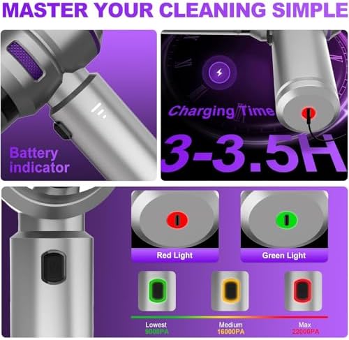 Handheld Car Vacuum Cordless, 22000PA Strong Suction Mini Vacuum Cleaner with Brushless Motor, 4-in-1 Portable Vacuum for Car Detailing, Home, Office & Travel, Silver Purple - Image 3