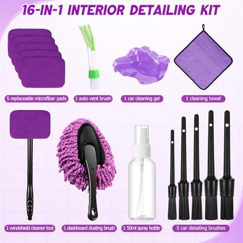 16 Pcs Windshield Cleaner Tool, Car Cleaning Kit with Various Detailing Brushes Set Spray Bottle Cleaner Towel Cleaning Gel Accessories Car Interior Detailing Kit for Windows Vents(Purple) - Image 2
