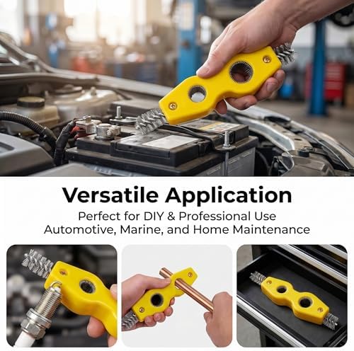 2 PCS Car Terminal Cleaner Spray, 4-in-1 Terminal Post Cleaner Brush with Steel Wire, Cleaning Tool for Terminals and Connectors, Universal for Most Cars, Trucks, SUVs (Yellow) - Image 3