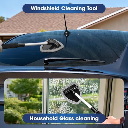Gray Windshield Cleaner Tool, Car Interior Cleaning Kit with Extendable Handle and 3 Reusable Microfiber Pads, Auto Glass Wiper and Detailing Brush Kit for Car & Home Window - Image 2