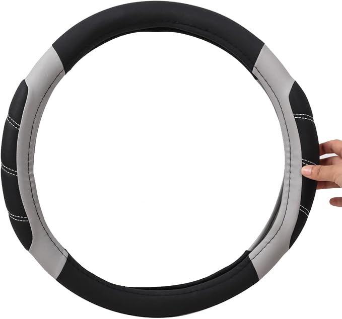 CAR PASS Line Rider Microfiber Leather Sporty Steering Wheel Cover Universal Fits for 95% Truck,SUV,Cars,14.5-15inch Anti-Slip Safety Comfortable Desgin (Black-Gray) - Image 8