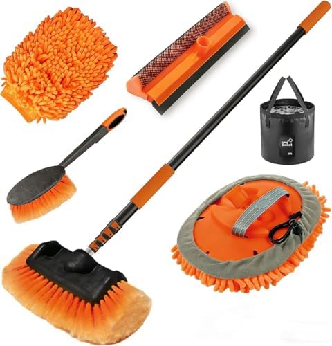 LAANPOLE 20FT Car Wash Brush with Long Handle, Car Cleaning Kit with Soft Bristle Wash Brush, Microfiber Cleaning Mop, Window Squeegee, Mitt, Wheel Brush, Bucket, Drying Towel for RV, Truck, Boat by LAANPOLE