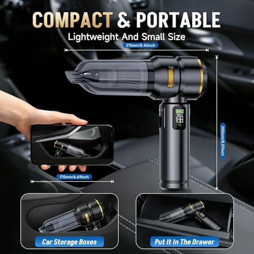 Car Vacuum Portable Cordless, 17000PA Cordless Handheld Car Vacuum Rechargeable, Brushless Motor with Digital Display, Mini Small Vacuums Cleaner for Office Desk Home Kitchen Car Pet Hair, Travel - Image 6