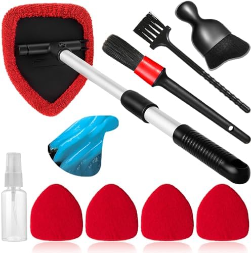 Qydipclin 10pcs Windshield Cleaner Tool, Car Window Cleaning Wash Kit with 4 Reusable Microfiber Pads 1 Spray Bottle and Extendable Handle Auto Glass Wiper Kit, Red by Qydipclin