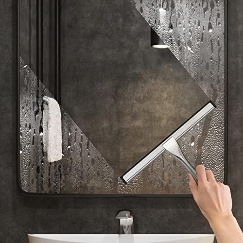 All-Purpose Stainless Steel Shower Squeegee for Shower Doors with 2 Adhesive Hooks, Bathroom Cleaner Tool Household Window Mirror Squeegee for Home Cleaning, Glass Door, Tile Wall, Car, 12 Inch Silver - Image 4