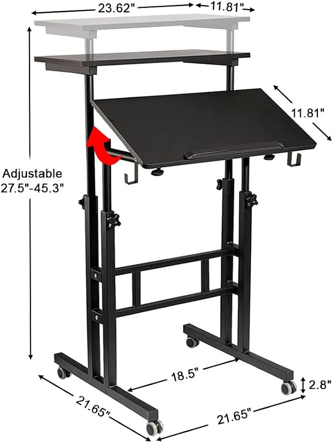 SIDUCAL Mobile Standing Desk, Portable Stand Up, Small Adjustable Converter with Wheels Home Office Workstation, Rolling Desk Laptop Cart for Standing or Sitting, Black - Image 3