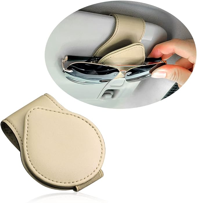 OFBAND Magnetic Sunglass Holder for Car Visor,PU Leather Car Sunglass Holder Organizes Glasses Tickets Cards & Keeps Car Tidy,Universal Car Accessories Interior (Khaki) by OFBAND