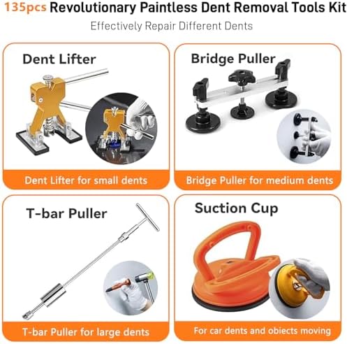 135pcs Dent Puller Kit, Paintless Dent Removal Kit for Dent Repair, Car Dent Repair Kit with T-Bar, Bridge Puller, Golden Lifter, Car Dent Remover for Car Refrigerator Door Ding Repair - Image 3