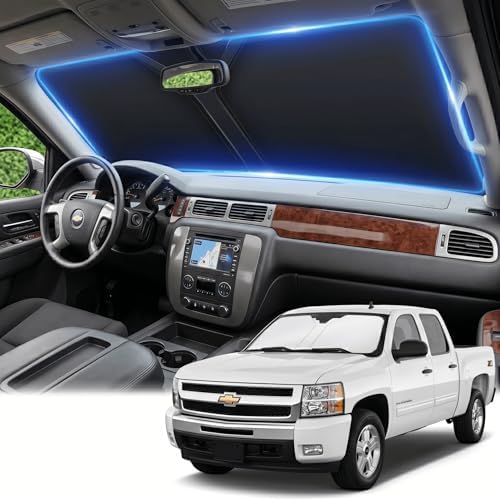 Windshield Sun Shade for Chevy Silverado 1500 2007-2013 Sunshade Front Window Shade Custom Fit Silverado 1500 Accessories Sun Visor Foldable Shade Blocks UV Rays Accessories by AuyNeas