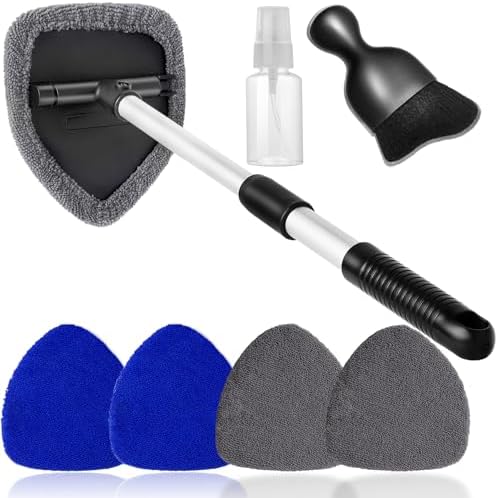 Qydipclin 7pcs Windshield Cleaner Tool Car Window Cleaning Wash Kit with 4 Reusable Microfiber Pads 1 Spray Bottle and Extendable Handle Auto Glass Wiper Kit, Blue&Gray - Image 7