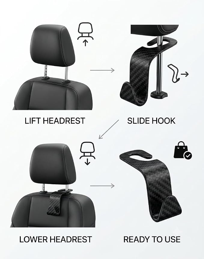 Carbon Fiber Car Seat Headrest Hooks, 4 Pack Car Back Seat Organizer Hooks for Handbags, Purses, Groceries, Coats and Accessories, Universal Vehicle Storage Hanger Hooks for Cars, SUVs and Trucks - Image 4