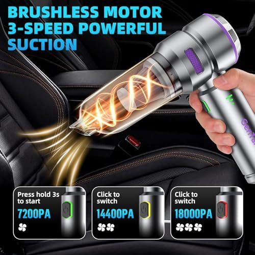 Car Vacuum Portable Cordless, 18000PA Portable Vacuum Cordless, High Power Air Duster with Brushless Motor, Type-C Charge, 3 in 1 Small Vacuum Cleaner Cordless for Car, Home, Office, Pet Hair - Image 2