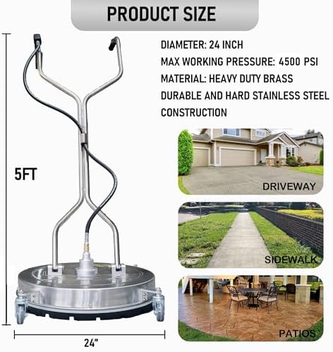 Hourleey 24" Pressure Washer Surface Cleaner with Dual Handles, Stainless Steel Surface Cleaner with 4 Wheels for Driveways, Pathway, Sidewalks, Patios, Decks, 4500 PSI with 3/8" Quick Connector Kit - Image 3