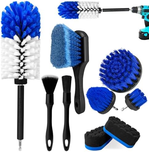 Wheel Brush Kit, Soft Drill Wheel Cleaner Brush, Tire Brush, Detailing Brush, and Detailing Pads, No Scratches Car Wheel Cleaning Kit for Wheels, Tire, Rims, Engines, Exhaust(Blue + White 9 Pk) by HOLANHING