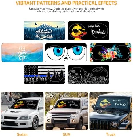 Windshield Sun Shade for Car, 63"x28.5" Stylish Printed Front Window Sunshade with Double Steel Ring Frame, Universal Fit Foldable Heat Blocker & UV Protector, with Storage Pouch (Duck) - Image 4