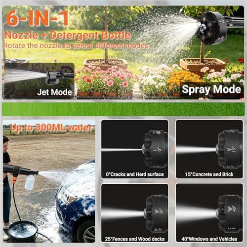 Cordless Pressure Washer, 1500 PSI Max Power Washer with 2x4.0Ah 21V Large Capacity Batteries & Brushless Motor, Portable Power Cleaner Kit with Storage Case & 6-in-1 Nozzle for Car/Fence/Patio/Home - Image 3