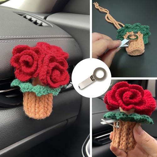 Crochet Car Charm With Empty Refillable Oil Diffuser Bottle. Crochet Plant for Car Rearview Mirror Decor, Handmade Home and Office Decor (Rose) - Image 5