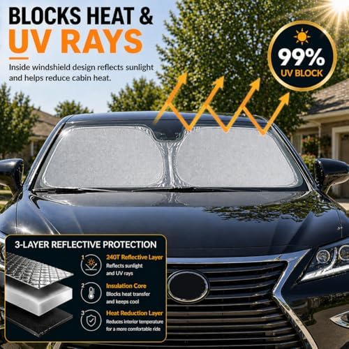 Lexus GS GX LS Windshield Sun Shade, Custom Fit Foldable Front Window Sunshade Protector, Blocks UV Rays and Heat, Fits 1990–2025 Models - Image 2