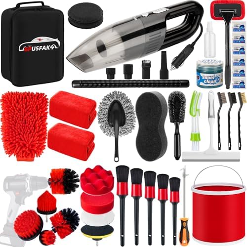 44Pcs Car Wash Cleaning Kit with Detailing Brushes Car Vacuum Drill Brush Set Collapsible Bucket Windshield Cleaning Tool Tire Brush Towels Complete Interior Exterior Detailing Set for Car by GPUSFAK
