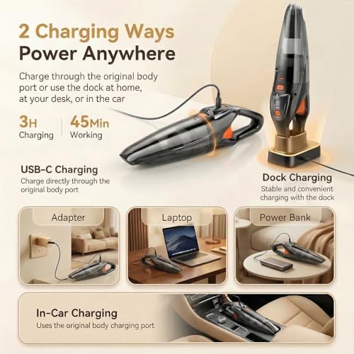 Handheld Vacuum Cordless, 25000Pa Powerful Suction Car Vacuum Portable Cordless with 8000mAh Battery & LED Light, Hand Held Vacuum Rechargeable with HEPA Filters, Home, Car Seats, Pet Hair Orange - Image 6