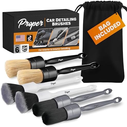 Premium Car Detailing Brush Set - Complete 6 Pack Kit - 2 Boar's Hair, 2 Ultra Soft, 2 Synthetic Bristles - Car Detail Brush for All Surfaces, Leather Seats, Air Vents, Wheels & Emblems, and More by ProperDetailingCo