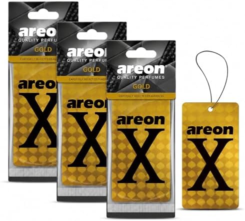 AREON X Gold Hanging Car Air Freshener - Long Lasting Premium Fragrance - Elegant Vehicle Scent Freshener for Cars, SUVs, Trucks, RVs - Easy Hang Design - Stylish Interior Accessory (Pack of 3) by AREON