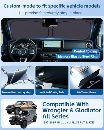 Windshield Sun Shade for Jeep Wrangler TJ JK JL & Gladiator JT Front Window Sun Visor Protector Flag Pattern Foldable Block UV Ray Windshield Sunshade Keep Car Cooler - Image 2