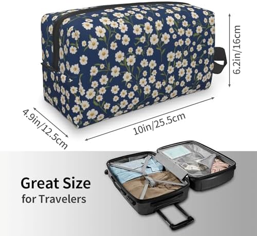 Navy Blue Daisy Makeup Bag - Durable 600D Oxford Fabric Travel Cosmetic Bag, Shockproof Foam Padded Toiletry Organizer for Gym & Daily Use 10x6.2x4.9 Inch - Image 4