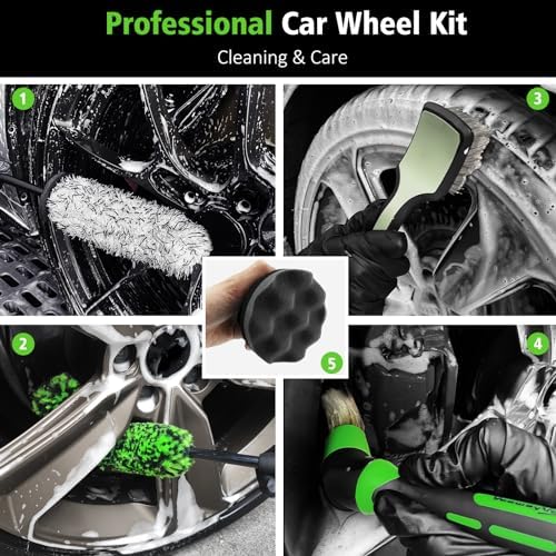 YeewayVeh 5PCS Pro Wheel Detailing Kit, 360° Bendable Rim Brush, Green - Image 2