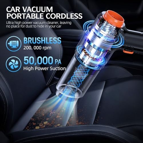 Portable Cordless Car Vacuum, 50,000Pa High-Power Brushless Motor, Rechargeable Handheld Vacuum Cleaner with 2 Batteries & Charger, 6-in-1 Vacuum Cleaners for Home, Keyboard, Pet Hair, Black - Image 2