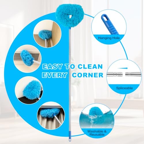 Ceiling Fan Cleaner Duster Reusable Microfiber Ceiling Fan Blade Cleaner Removable Duster with Extension Pole Adjusts 13 to 49.7 Inch for Cleaning Walls Bookshelves Furniture Door Window Top (Blue) - Image 3