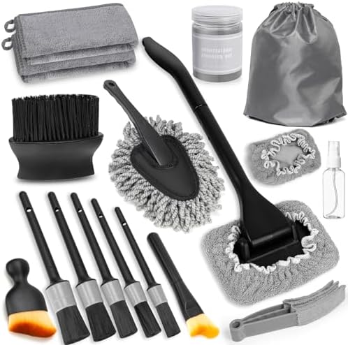 Windshield Cleaner Tool, 18Pcs Car Interior Detailing Brush Set, Inside Windshield Cleaning Kit with 200g Cleaning Gel, Duster Brush, 2 Microfiber Pads, Car Detailing Supplies for Men (Gray) by Viewmax