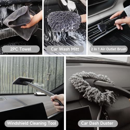Car Detailing Kit, Car Detailing Brush Set, Car Cleaning Kit, Auto Detailing Tools for Interior Exterior Wheels, Professional Car Wash Accessories with Windshield Cleaning Tool and Storage Box(Grey) - Image 7