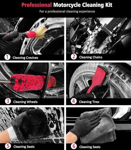 YeewayVeh 6PCS Motorcycle Cleaning Kit, Bendable Wheel Tire Brush,Black/Red - Image 2