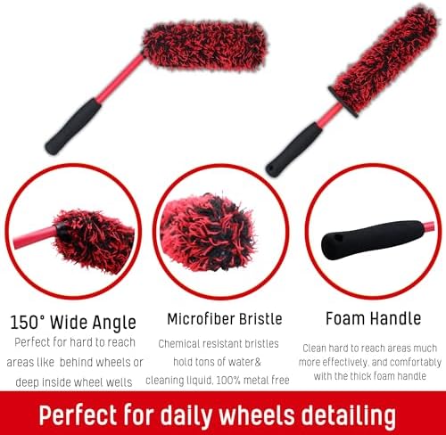 oesee Professional 4 Pack Long Handle Wheel Brush Kit for Cleaning Wheel and Tire- 2X Soft Wheel Cleaning Brush, Detailing Brush and Stiff Tire Brush, Bendable& Durable Wheel Rim Cleaner Brush Set - Image 6