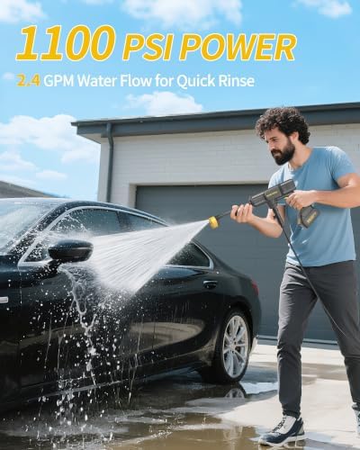 Handheld Battery Operated Washer, 1100 PSI Lightweight Mini Washer for Car, Home, Patio, Driveway and Garden Cleaning (Tough Yellow) - Image 2