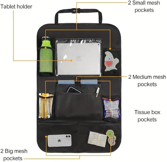 Car Backseat Organizer, Kids Seat Pockets, Back Seat Protector, Durable Strong Straps, Touchable Tablet Holder, Easy Wash, 10 Storage Pockets, 2 Pack Set - Image 6