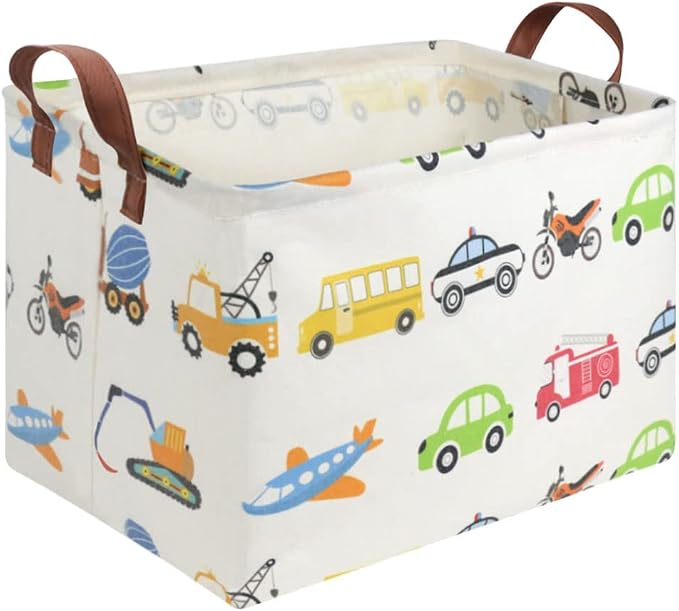 FXOLCSHE Rectangular Car basket,Car toy storage box,Collapsible Car Storage basket for boys,Waterproof PE Coating Storage,bedroom decor,Nursery hamper,Toy Organizer,Gift Basket(Vehicles) by FXOCSHE
