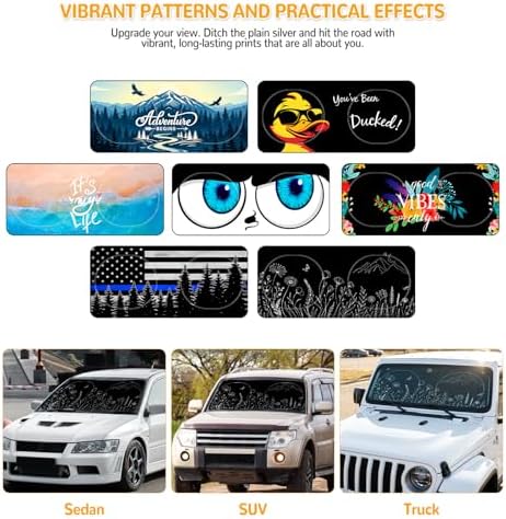 Windshield Sun Shade for Car, 63"x28.5" Stylish Printed Front Window Sunshade with Double Steel Ring Frame, Universal Fit Foldable Heat Blocker & UV Protector, with Storage Pouch (Line Floral) - Image 3
