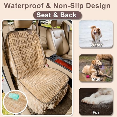 Dog Car Seat Cover Front Seat, Soft Plush Waterproof Protector,Tan | Non-Slip Backing, Side Flaps, Full Coverage, Hair, Dirt & Scratch Defense, Machine Washable, Fits Cars, SUVs & Trucks - Image 3