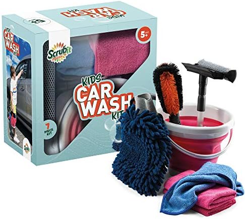 Kids Car Wash Activity Kit – 7 Kid-Sized Carwash Accessories Gifts for Boys & Girls Ages 5 6 7 8-10 - Outdoor Fun Toys – Set Includes Bucket, Squeegee, Microfiber Mitt, Wheel Brush, 3 Cleaning Cloths by SCRUBIT