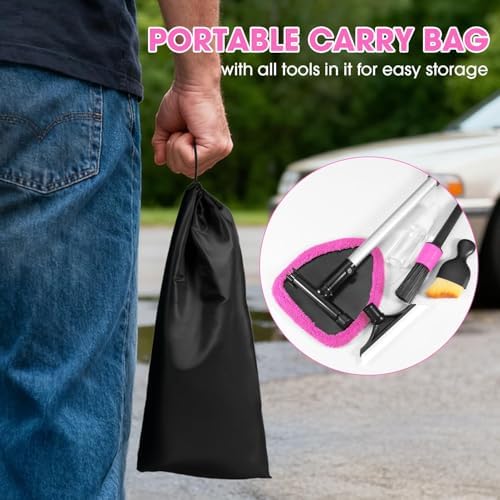 Pink Windshield Cleaner Tool, Car Interior Cleaning Kit with Extendable Handle and 3 Reusable Microfiber Pads, Auto Glass Wiper and Detailing Brush Kit for Car & Home Window - Image 7