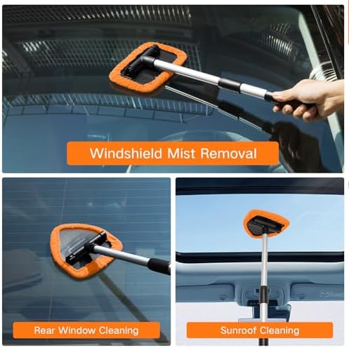 Qydipclin 7pcs Windshield Cleaner Tool Car Window Cleaning Wash Kit with 4 Reusable Microfiber Pads 1 Spray Bottle and Extendable Handle Auto Glass Wiper Kit, Orange - Image 2