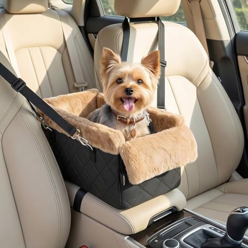 VavoPaw Center Console Dog Car Seat for Small Dogs&Cats Under 12 LBS | Puppy Car Seats with Non-Slip&Strong Support, Anti-Collapse Portable Pet Bed for Puppies with Soft Cushion Safety Belt, Brown by VavoPaw
